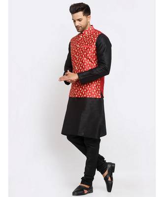 Men Black Kurta and Churidar with Embroidered Red Nehru jacket 5