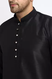 Men Black Kurta and Churidar with Embroidered Fawn Nehru jacket