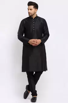 Men Black Kurta and Churidar with Embroidered Fawn Nehru jacket
