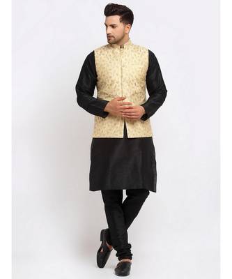 Men Black Kurta and Churidar with Embroidered Fawn Nehru jacket 1