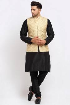 Men Black Kurta and Churidar with Embroidered Fawn Nehru jacket