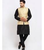 Men Black Kurta and Churidar with Embroidered Fawn Nehru jacket