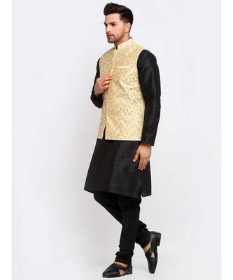 Men Black Kurta and Churidar with Embroidered Fawn Nehru jacket 5