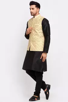 Men Black Kurta and Churidar with Embroidered Fawn Nehru jacket