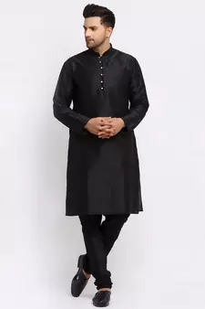 Men Black Kurta and Churidar with Embroidered Cream Nehru jacket