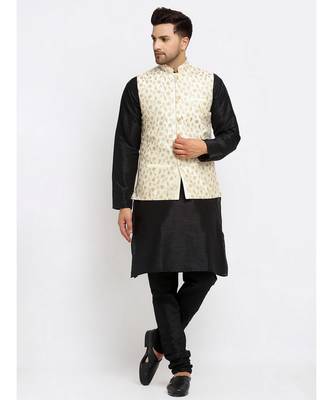 Men Black Kurta and Churidar with Embroidered Cream Nehru jacket 1