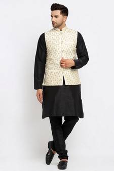 Men Black Kurta and Churidar with Embroidered Cream Nehru jacket