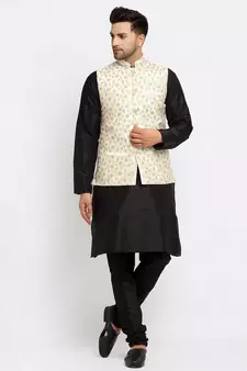Men Black Kurta and Churidar with Embroidered Cream Nehru jacket