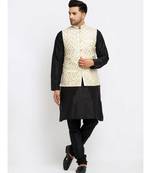 Men Black Kurta and Churidar with Embroidered Cream Nehru jacket