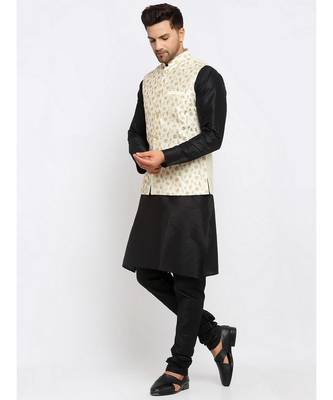 Men Black Kurta and Churidar with Embroidered Cream Nehru jacket 5