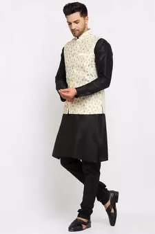 Men Black Kurta and Churidar with Embroidered Cream Nehru jacket