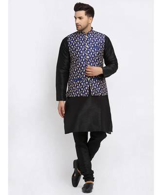 Men Black Kurta and Churidar with Embroidered Navy Blue Nehru jacket 1