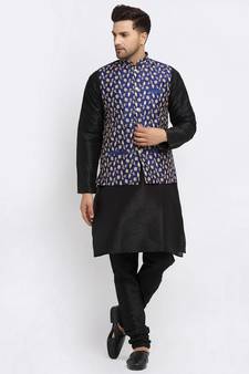 Men Black Kurta and Churidar with Embroidered Navy Blue Nehru jacket