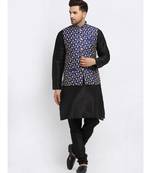 Men Black Kurta and Churidar with Embroidered Navy Blue Nehru jacket