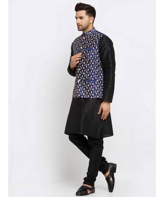 Men Black Kurta and Churidar with Embroidered Navy Blue Nehru jacket 5