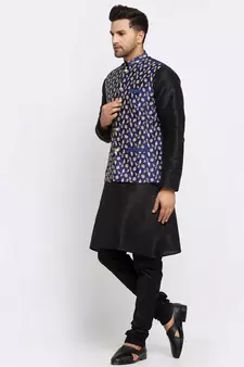 Men Black Kurta and Churidar with Embroidered Navy Blue Nehru jacket