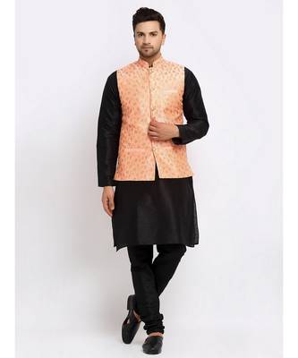 Men Black Kurta and Churidar with Embroidered Peach Nehru jacket 1