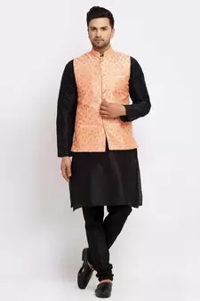 Men Black Kurta and Churidar with Embroidered Peach Nehru jacket