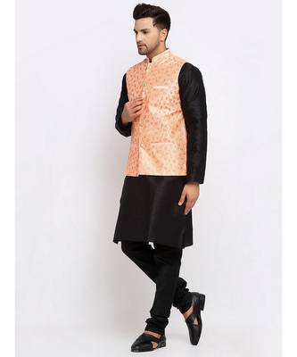 Men Black Kurta and Churidar with Embroidered Peach Nehru jacket 5