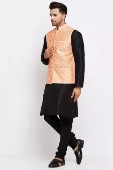 Men Black Kurta and Churidar with Embroidered Peach Nehru jacket