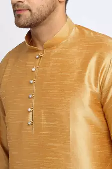 Men Gold Kurta and Churidar with Embroidered Lime Green Nehru jacket