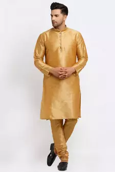 Men Gold Kurta and Churidar with Embroidered Lime Green Nehru jacket
