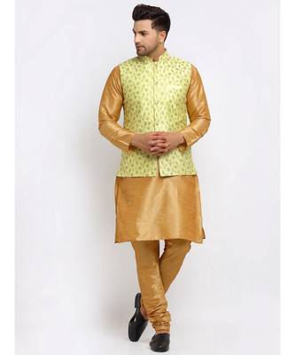 Men Gold Kurta and Churidar with Embroidered Lime Green Nehru jacket 1