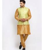 Men Gold Kurta and Churidar with Embroidered Lime Green Nehru jacket