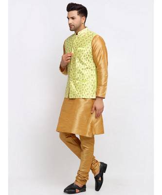 Men Gold Kurta and Churidar with Embroidered Lime Green Nehru jacket 5