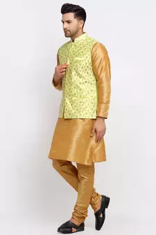 Men Gold Kurta and Churidar with Embroidered Lime Green Nehru jacket