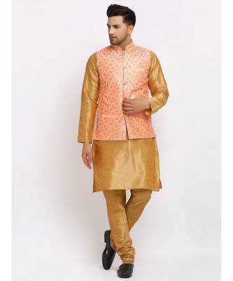 Men Gold Kurta and Churidar with Embroidered Peach Nehru jacket 5