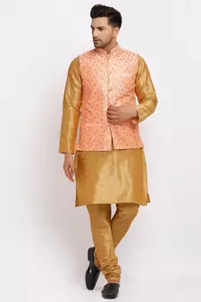 Men Gold Kurta and Churidar with Embroidered Peach Nehru jacket