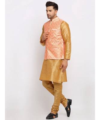 Men Gold Kurta and Churidar with Embroidered Peach Nehru jacket 1