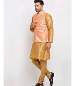 Men Gold Kurta and Churidar with Embroidered Peach Nehru jacket