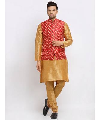 Men Gold Kurta and Churidar with Embroidered Red Nehru jacket 1