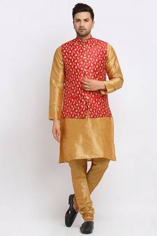 Men Gold Kurta and Churidar with Embroidered Red Nehru jacket