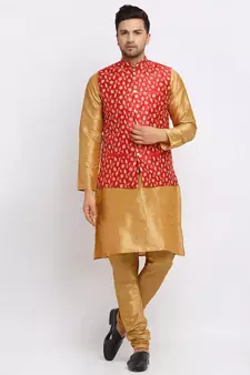 Men Gold Kurta and Churidar with Embroidered Red Nehru jacket