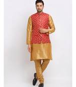 Men Gold Kurta and Churidar with Embroidered Red Nehru jacket