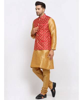 Men Gold Kurta and Churidar with Embroidered Red Nehru jacket 5