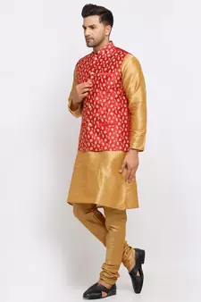 Men Gold Kurta and Churidar with Embroidered Red Nehru jacket
