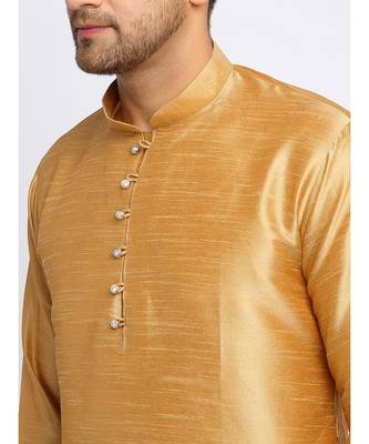 Men Gold Kurta and Churidar with Embroidered Cream Nehru jacket 3