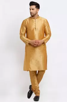Men Gold Kurta and Churidar with Embroidered Cream Nehru jacket