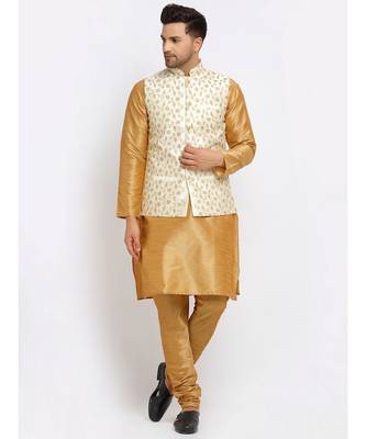 Men Gold Kurta and Churidar with Embroidered Cream Nehru jacket 5