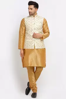 Men Gold Kurta and Churidar with Embroidered Cream Nehru jacket