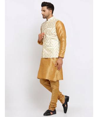 Men Gold Kurta and Churidar with Embroidered Cream Nehru jacket 1