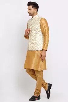 Men Gold Kurta and Churidar with Embroidered Cream Nehru jacket