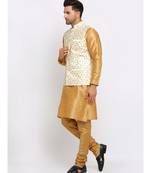 Men Gold Kurta and Churidar with Embroidered Cream Nehru jacket