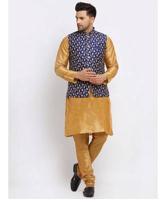 Men Gold Kurta and Churidar with Embroidered Navy Blue Nehru jacket 1