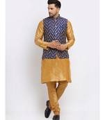 Men Gold Kurta and Churidar with Embroidered Navy Blue Nehru jacket