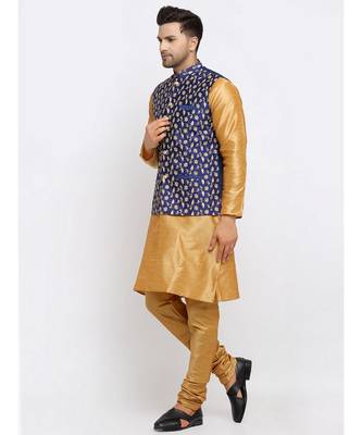 Men Gold Kurta and Churidar with Embroidered Navy Blue Nehru jacket 5